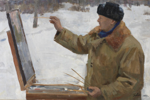 painting of an artist in winter attire painting on an easel in the snow