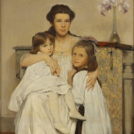 formal portrait of a woman in white dress with brown hair sitting in a chair, with one child in white on her right knee, and another in white standing on her left