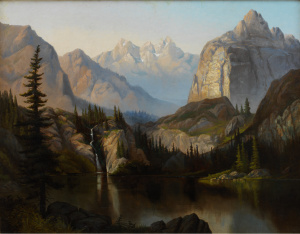 painting of mountains with waterfall and lake in the foreground