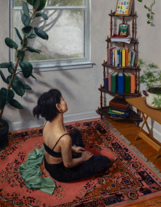 painting of a woman wearing black sitting cross-legged on a decorative red rug. there is a large plant on the left and a corner bookshelf on the right.
