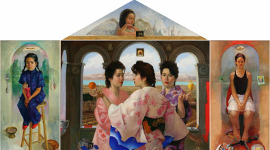 painting with four panels - two on the sides, a large one at center, and a small triangular one above the center. left panel is a young Chinese girl sitting on a stool. right panel is a teenage Chinese girl sitting in a red chair. triangular panel has a young girl with wings looking down at a small ultrasound below her. central panel has three Japanese women in a circle in traditional kimonos, in front of arches. two of the women are levitating fruit, one an orange and the other a lemon.