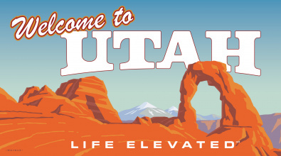 illustration of Delicate Arch in southern utah, with "Welcome to Utah" above the arch and "Life Elevated" below the arch