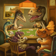 illustration of 5 dinosaurs sitting around a table playing cards