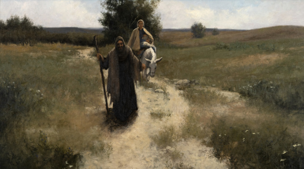 painting of joseph walking on a dirt trail, leading a donkey holding mary and jesus
