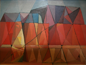 An abstract painting of a wall or mountain. Outlined geometric shapes in red, yellow, blue, and purple