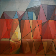 An abstract painting of a wall or mountain in reds, yellows, purples, and blues
