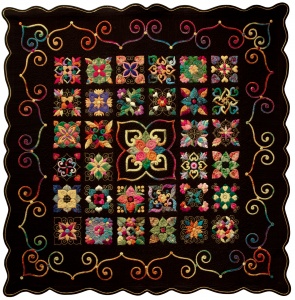 Quilt with black background, 6x6 rows of multicolored squares