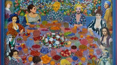 floral, highly-patterned painting of women from famous art history paintings all sitting around a table