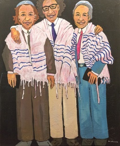 painting of three men in traditional Jewish attire standing with arms over each other's shoulders, smiling at the viewer