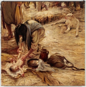 painting set in a stable of a figure leaning over a baby wrapping him in clothes, with a sheep and other livestock in the background
