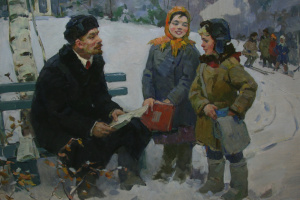 painting of Lenin in winter attire sitting on a bench, talking to two children
