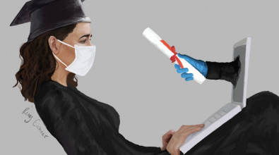 painting of girl in a mask and graduation attire sitting with a laptop on her lap. a gloved hand with a diploma in it is reaching out from laptop screen.
