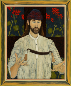 painting of bearded man in beanie levitating woodcarving tools above his hands