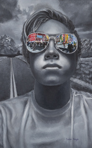 black and white painting of a boys head and shoulders, he's wearing sunglasses and a colorful city is reflected in them