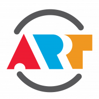 Springville Public Art circle logo the word "ART" in abstract forms in a gray circle with red "A" blue "R" and yellow "T"