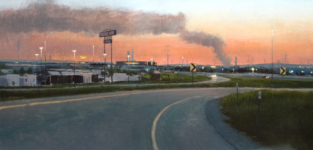 painting of a freeway at dusk in populated area