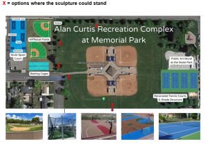 Birds eye view of Memorial Park with spots marked with a red X for options where the sculpture could be placed.