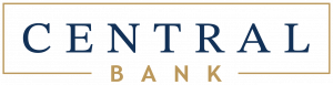 Central Bank logo, the word central in all caps and blue text with a gold border around it and the word bank in all caps and gold text in the bottom line of the border