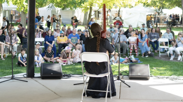 view from behind cellist performer at the gazebo looking out to the audience